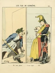 Flugblatt, Nummer 5, satirisch in Farben: Les fils de Cerbère - Kommune von Paris/Krieg/Belagerung, Liebe - Illustration von Moloch (1849-1909)
