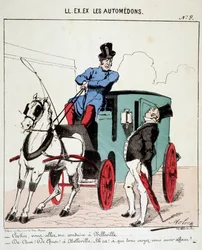 HE. EX. EX. Motoredons: Karikatur des Transports in der Stadt. Ein Kutscher weigert sich, einen Bourgeois nach Belleville (Quartier de Paris) zu bringen. Zeichnung von Moloch (1849-1909), um 1860.