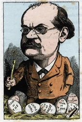 Porträt von Alexandre Charles Lecocq (1832-1918), französischer Komponist in „Le Trombinoscope“ von Touchatout, Karikatur von B. Moloch von 1882 (1849-1909). Private Sammlung