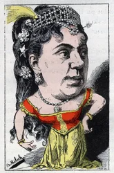 Porträt von Emma Valladon genannt Theresa (1837 -1913) Sängerin des französischen Kabaretts in „Le Trombinoscope“ von Touchatout, Karikatur von B. Moloch von 1882 (1849-1909). Private Sammlung.