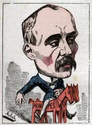 Porträt von Georges Clemenceau (1841-1929), Politiker in „Le Trombinoscope“ von Touchatout, Karikatur von B. Moloch von 1882 (1849-1909). Private Sammlung