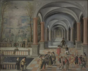 Festliche Versammlung und Figuren aus einer Commedia dell