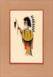 Cheyenne Krieger im Federkopfschmuck mit Schild