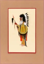 Cheyenne-Krieger mit Federschmuck und Schild