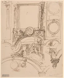 Architektonische Details für eine Wanddekoration mit Kaiserin Maria Theresia, die den jungen Wolfgang Amadeus Mozart umarmt
