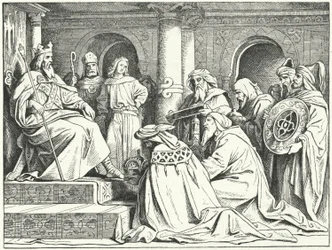 Die Gesandten des Kalifen Harun al-Raschid bringen Geschenke zu Kaiser Karl dem Großen, 802 (Stich)