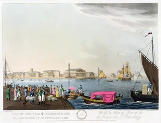 Ansicht der Newa, des Hafens und der Börse in St. Petersburg, Illustration für Juni aus 