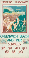 Greenwich Beach und Pier, London County Council LCC Straßenbahnplakat, 1925