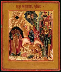 Russische Ikone des Einzugs in Jerusalem, frühes 19. Jahrhundert (Goldblatt und Tempera auf Holztafel)