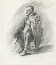 Sitzender bärtiger Mann mit Umhang und Hut