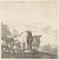 Kühe und Ziegen in einer Landschaft mit Häusern (Vierfüßige Tiere)
