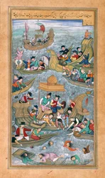 Sultan Bahadur und Rumi Khan springen ins Meer, als sie von portugiesischen Booten umzingelt werden, aus dem Akbarnama