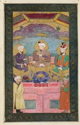 Timur (1336-1405), Babur (1483-1530, r.1526-30) und Humayan (1508-56, r.1530-56) zusammen auf dem Thron, aus dem Großen Clive-Album, nach einem Original aus dem 17. Jahrhundert