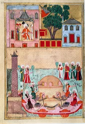 Glasbläser-Show auf dem Hippodrom von Konstantinopel. Seite aus dem „Surname-i Humayun“ (Buch der Festlichkeiten) illustriert von Osman. ca. 1582 (Istanbul) Istanbul, Topkapi Sarayi