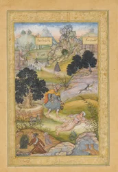 Ein muslimischer Pilger lernt eine Lektion in Frömmigkeit von einem Brahmanen, Folio aus einem Khamsa..., 1597-98