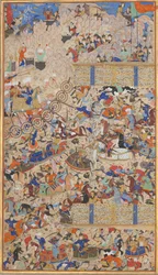 Schlacht zwischen Iranern und Turanern, Folio aus einem Shahnama Buch der Könige, 1562-83