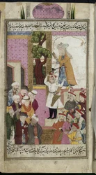 Schah Ismail steht auf den Stufen der Kanzel in der Moschee von Täbris und hört am Freitag vor seiner Krönung die Predigt über die Zwölf Imame, Illustration aus der „Geschichte Schah Ismails“