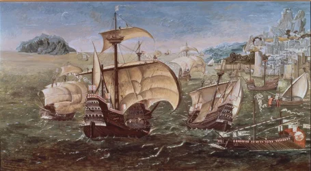 Portugiesische Schiffe an einer felsigen Küste – 16. Jahrhundert – Kopie des Originals aus dem Greenwich Museum