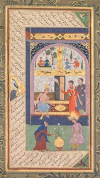Zulaykha in ihrem Palast und als alte Frau mit Joseph, aus einem Panj Ganj Fünf Schätze..., 1603-1