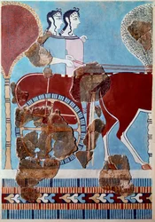 Mykenische Kunst: Paar auf einem Wagen. Fragment eines Freskos aus dem Palast von Tiryns und Rekonstruktion