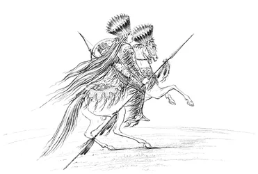 Indianischer Mann mit Waffen und Kopfschmuck, reitet ein Pferd, 1841