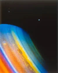 Saturn und sein Mond Dione, gesehen von der Raumsonde Voyager 2