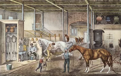 Modellstall, in dem Jungen und Stallburschen wirklich Pferde pflegen, Gravur aus dem Buch "Amerika" von Currier und Yves 1870