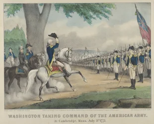 Washington übernimmt das Kommando über die amerikanische Armee in Cambridge, Massachusetts am 3. Juli 1775