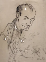 Baudelaire erstaunt vor einem toten Pferd und auf seinem Rücken. Darstellung von Charles Baudelaire, französischer Dichter (1821-1867)