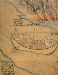 Ein Boot treibt auf einem Fluss: Illustration zu einer Volkslegende