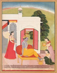 Krishnas Füße werden von Mägden gewaschen, Punjab Hills, Basohli, ca. 1780