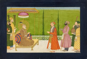 Der Dichter Sundar Das vor Kaiser Shah Jahan, Folio aus einem Sundar Shringar, ca. 1750-1760