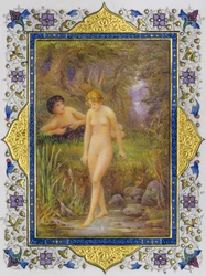 Illuminierte Seite aus einem Buch von Shakespeares Sonetten mit nackter Frau in pastoraler Fantasie