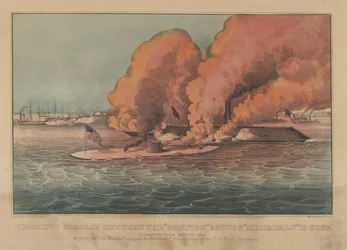 Schrecklicher Kampf zwischen der Monitor 2 Kanonen & Merrimac 11 Kanonen - In Hampton Roads März..., 1862
