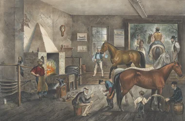 Trabende Pferde an der Schmiede, 1869
