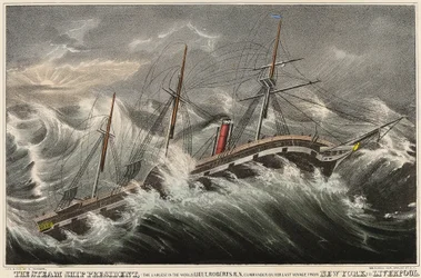 Das Dampfschiff President, das größte der Welt, kommandiert von Leutnant Roberts während seiner letzten Reise von New York (USA) nach Liverpool (England), im Sturm vom 12. März