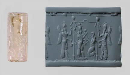 Zylindersiegel der Ishtar und moderne Impression, ca. 8.–7. Jahrhundert v. Chr. (Chalcedon)
