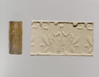 Zylindersiegel und moderne Impression: männliche Figur dominiert menschenköpfige geflügelte Löwen, ca. 8.-7. Jahrhundert v. Chr. (Chalcedon)