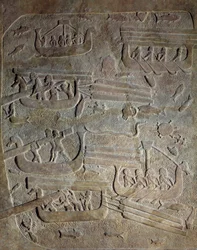 Mesopotamien in der neubabylonischen Ära (ca. 1000-612 v. Chr.): „Seefahrtsexpedition, Holztransport aus dem Libanon entlang der phönizischen Küste, Beladung der Boote“ 8. Jahrhundert v. Chr. Aus Khorsabad (Khunsabad) Paris, Musée du Louvre