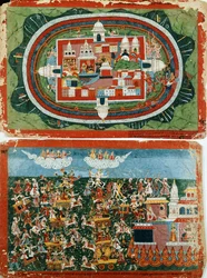 Krishna greift die uneinnehmbare Burg von Prag-jyoshita an, um die Ohrringe von Aditi zurückzuholen, ca. 1775