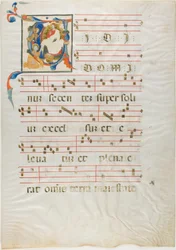Heiliger kniet vor Gott auf einem Thron in einem historisierten Initial "V" aus einem Antiphonar