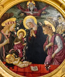 Die Jungfrau Maria, St. Johannes und zwei Engel, die das Christkind anbeten