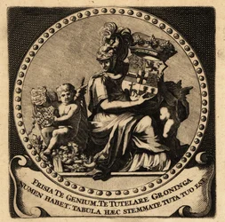 Allegorische Figur von Friesland und Groningen mit Wappen