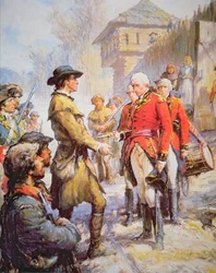 George Rogers Clark akzeptiert die Kapitulation des britischen Kommandanten Henry Hamilton in Fort Sackville, 25. Februar 1779