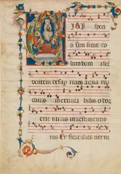 Manuskriptblatt mit der Himmelfahrt der Jungfrau Maria in einem Initial V, aus einem Antiphonar