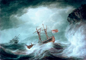 Ein Sturm, mit einem verankerten Schiff in Not vor felsiger Küste