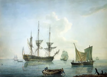 Drittklassige Fregatte (70 Kanonen), ein Fischerboot und andere Boote vor der Südküste Englands