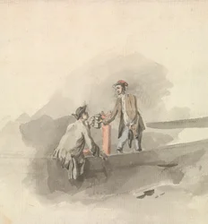 Zwei Männer in einem Boot stoßen mit Humpen an (?)