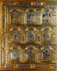 Verdun-Altar aus Gold und Emaille von Nicolas de Verdun (ca.1130/50-1205): Szenen aus dem Alten und Neuen Testament (Durchquerung des Roten Meeres, König Melchisedech, die Taufe Christi)