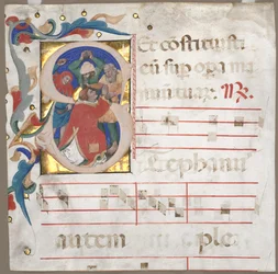 Fragment eines Antiphonars mit historisierter Initiale S: Die Steinigung des Heiligen Stephanus, ca. 1370-1372